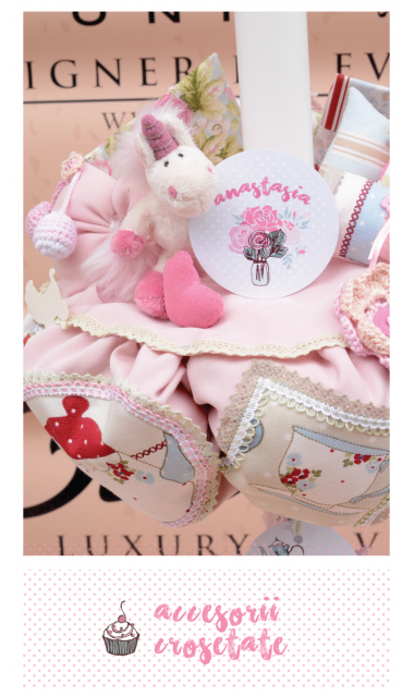 Lumanare de botez shabby chic pentru fetite, 65x4cm, Ceai cu jucarii 5